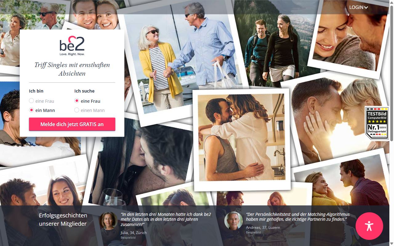 Startseite von be2.ch: Triff Singles mit ernsthaften Absichten
