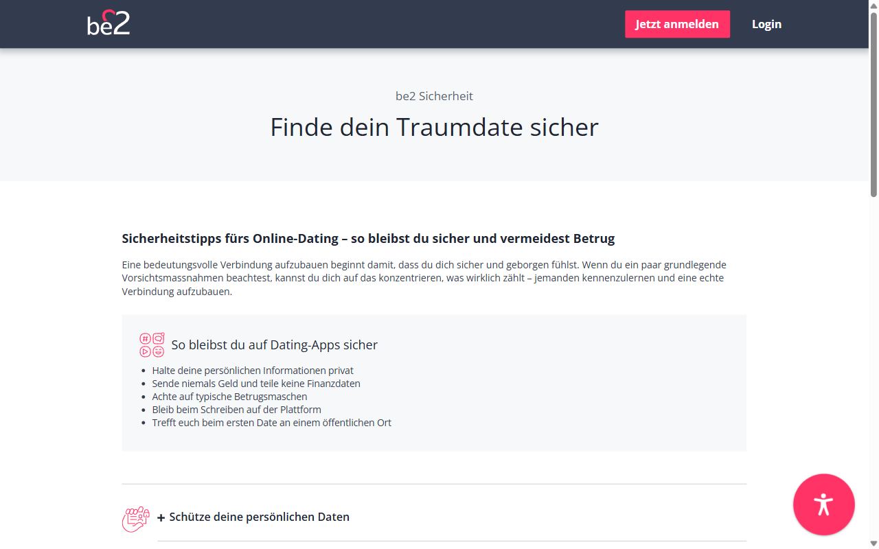 Sicherheitsseite von be2: Finde dein Traumdate sicher